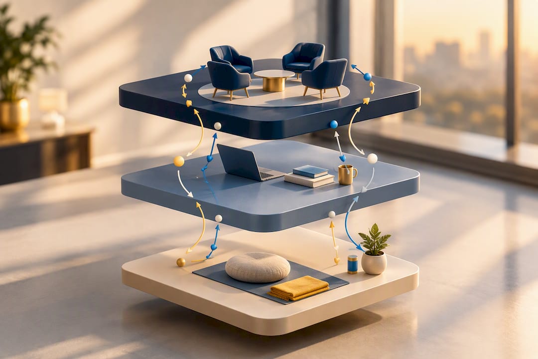 Three-layer support system with connected tiers